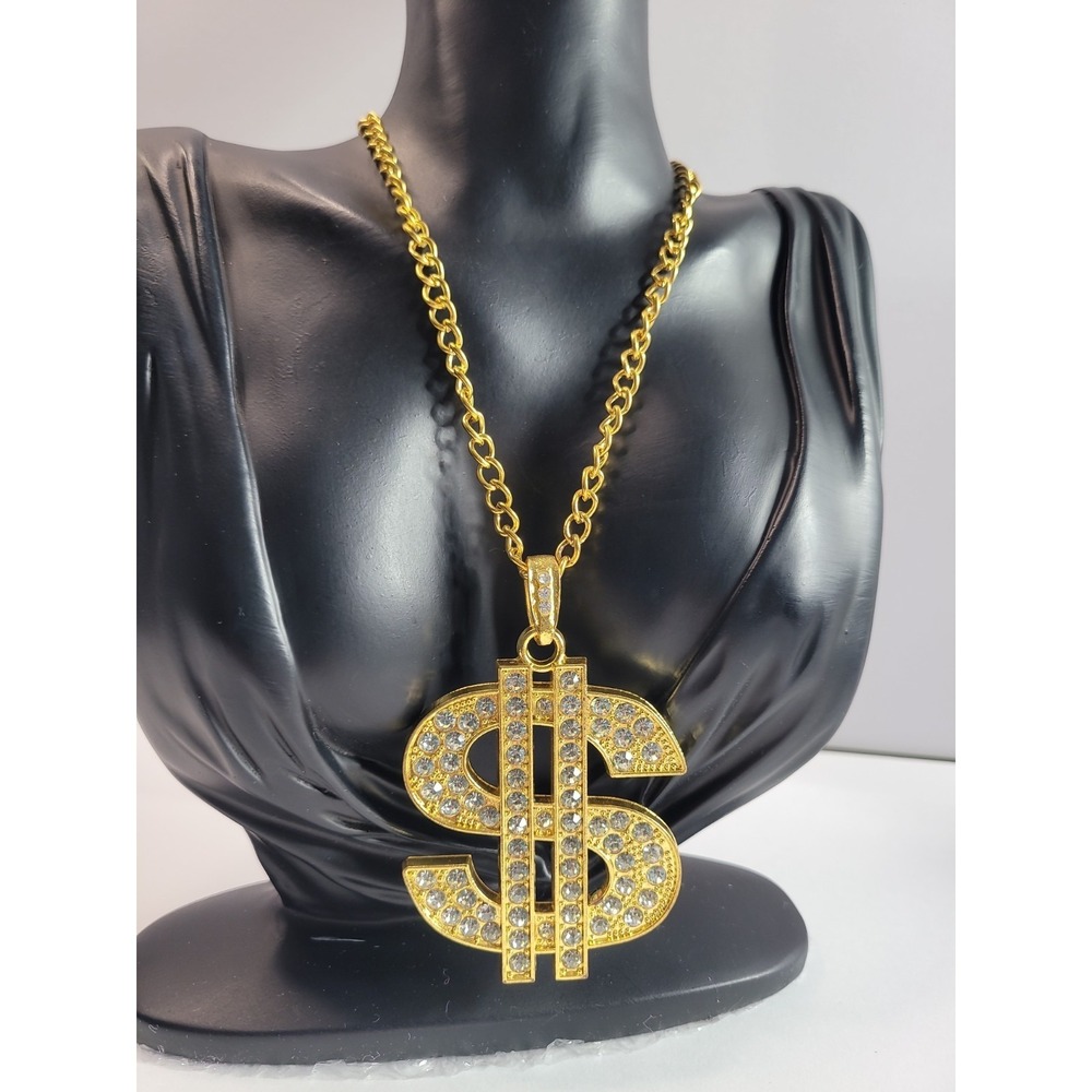 Large Gold Tone Dollar Sign Pendant Clear Rhinestone Pave Hip Hop Statement
